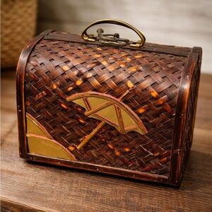 Vintage Bamboo Jewelry Box Sun Moon Design Handcrafted Rustic Box